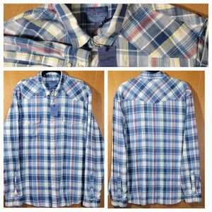 New! Lucky Brand Western Pearl Snap Shirt Size 2XL Men's Blue Plaid Flannel
